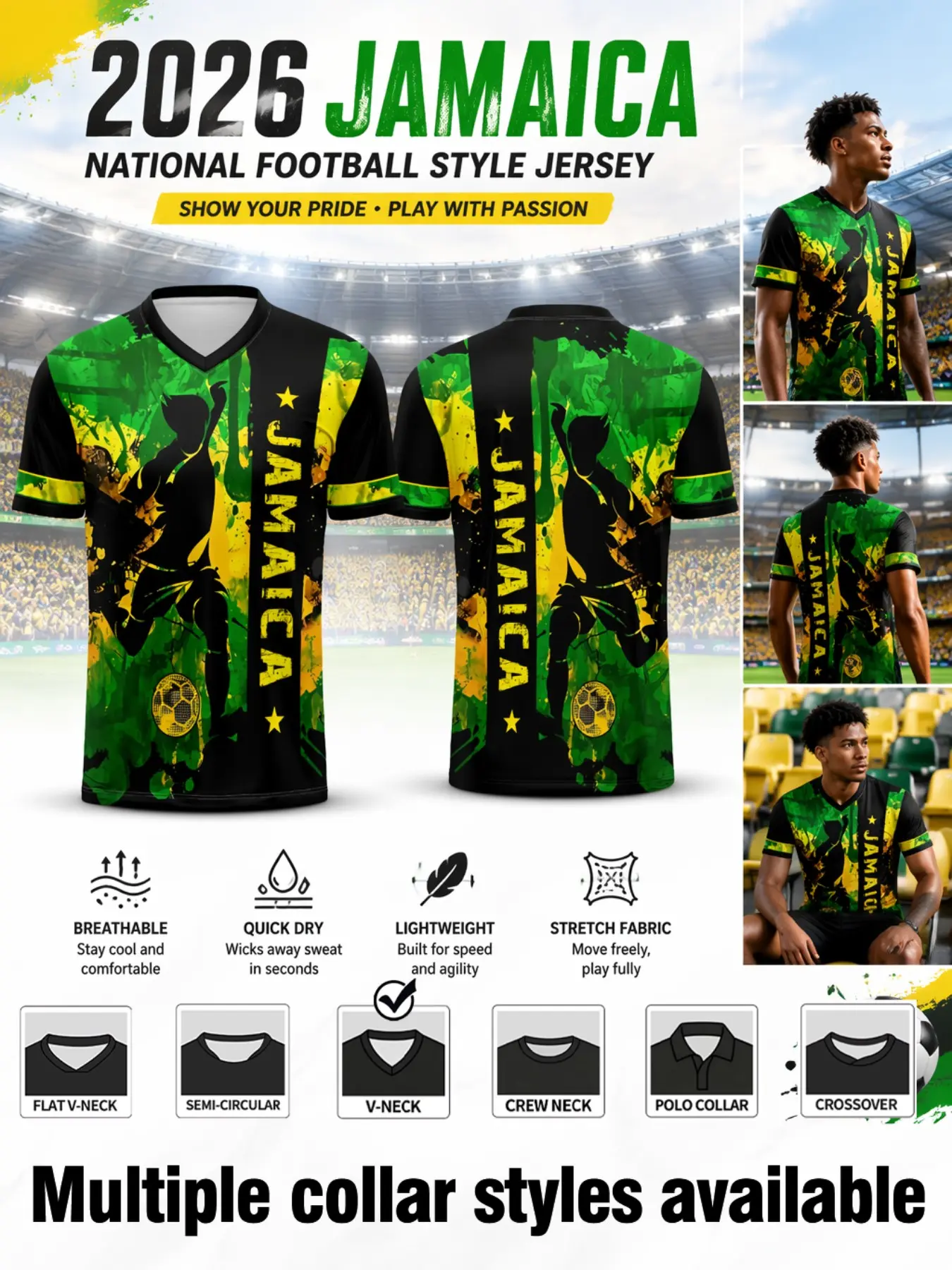 2026 Men's Jamaica Short Sleeve Sport Jersey, Lightweight Football Jersey, Vertical Stripe Design, Ideal for Sports Events, Fan Activities, Outdoor Training