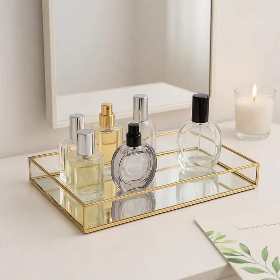 Gold Glass Perfume Tray Mirror Vanity Jewelry Trinket Magazine Photo Organizer Ornate Cosmetic Makeup Display Decorative Coffee Table Tray For Home Decor Dresser Tabletop (11.8" X 8")