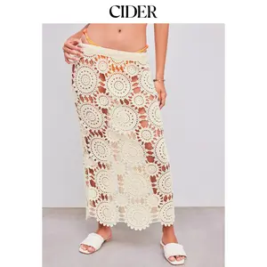 Cider [size 4-8] Knitted Mid Rise Hollow Out Split See-through Midi Skirt Dealsforyou