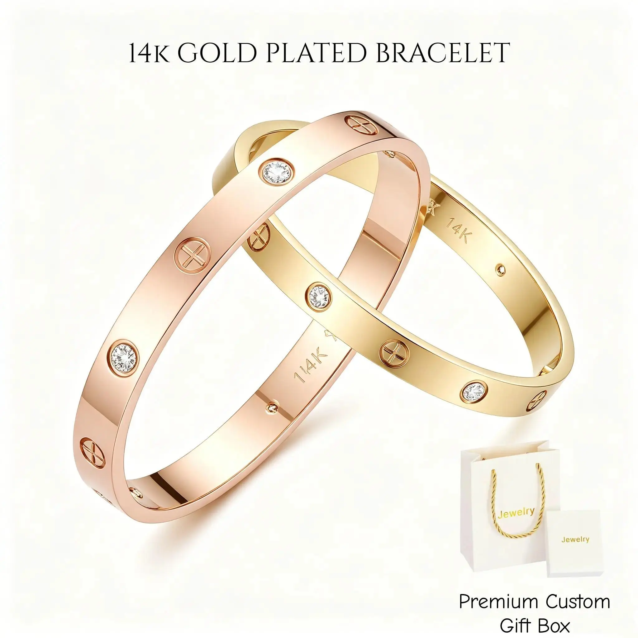 Marvelin 14K Gold Plated Screw Bangle Bracelet for Women Men Couples – Designer Inspired Moissanite Diamond Cuff, Stainless Steel Hypoallergenic, Rose Gold & Gold, 7in 7.5in, Matching Couple Set, Mother's Day Anniversary Birthday Christmas Gift Box