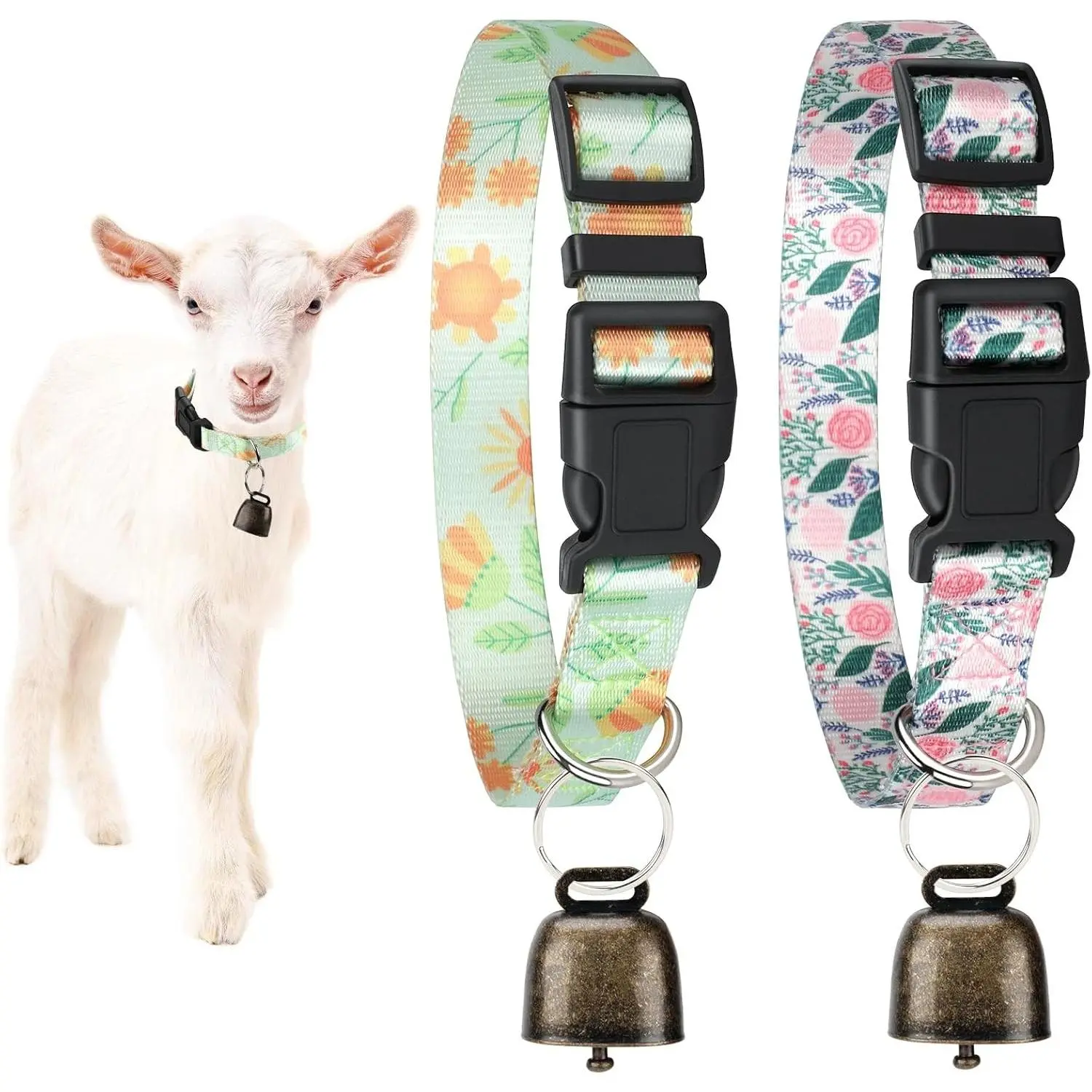 2 Pack Goat Collars with Bells Adjustable Nylon Collar Set Anti-Lost Loud Bronze Bell for Farm Animals Sheep Goat Cow Accessories (Floral)