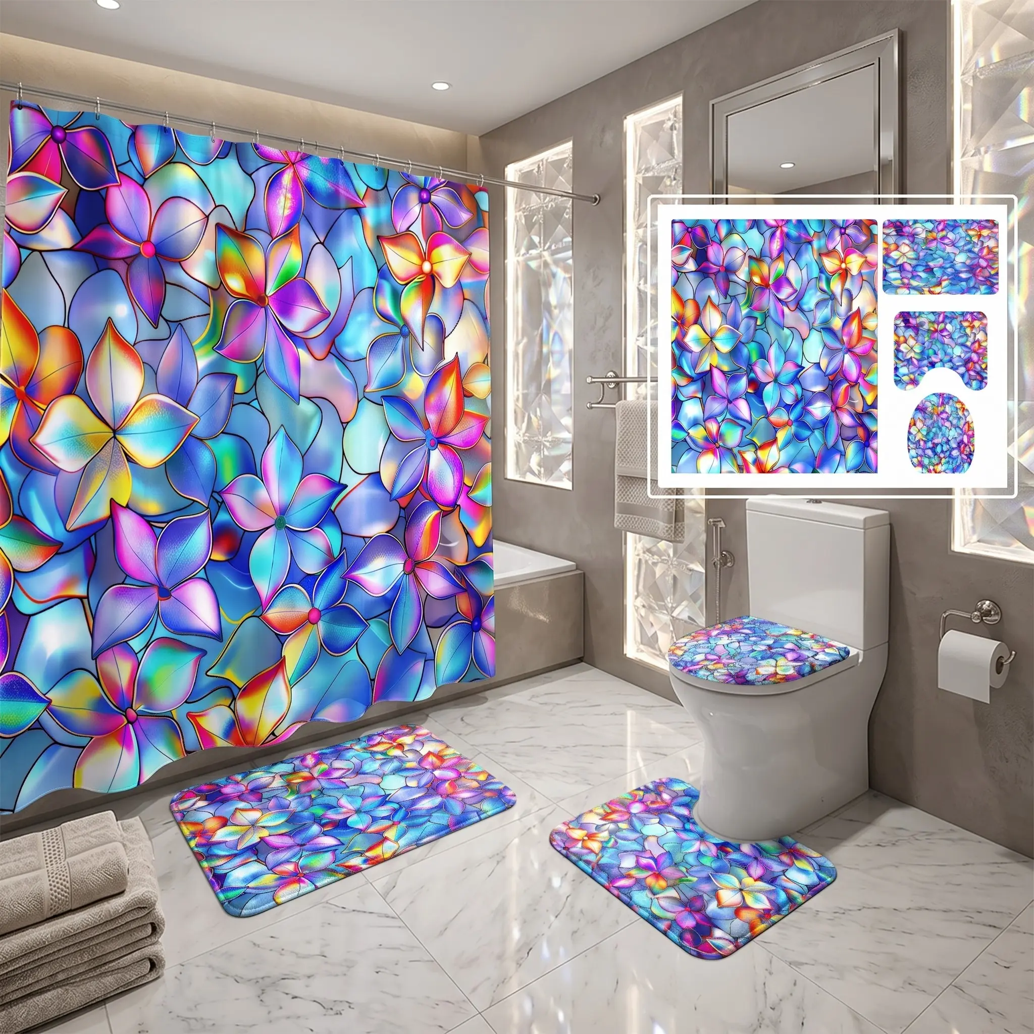4pcs Iridescent Rainbow Mosaic Flower Shower Curtain Set, Glossy Metallic Floral Bathroom Decor,The floor mat fabric is thicker and softer!  Summer Carnival Festival Accessory