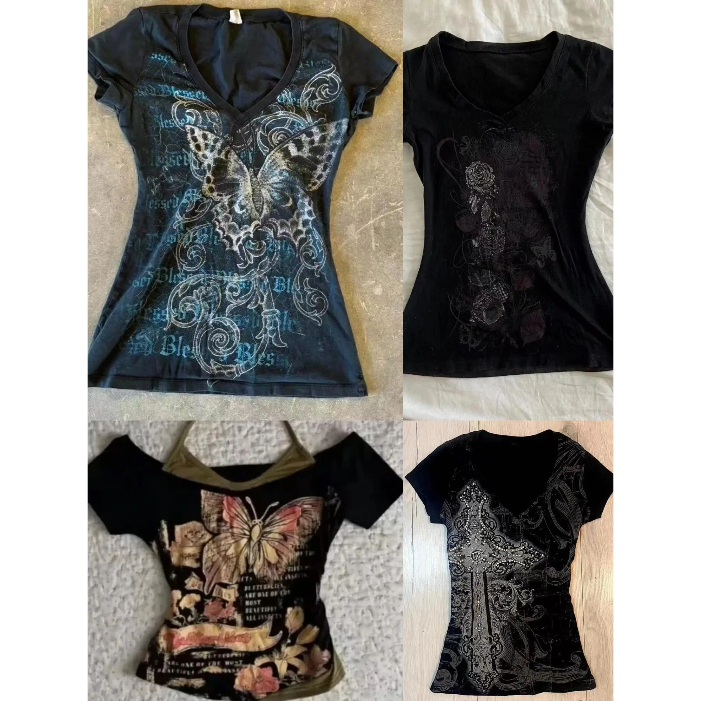 2000s Y2k Women's T-shirt Sexy Punk Gothic Grunge Print Crop Tops 2025 Streetwear Casual Slim Fit Blouse Vintage Retro Tees Goth
