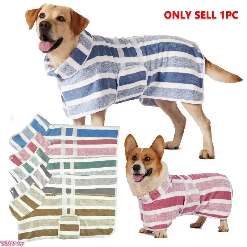 1 Pack Striped Quick Dry Super Absorbent Dog Bathrobe, Adjustable Waist Ultra Soft Pet Robe for Daily Wear