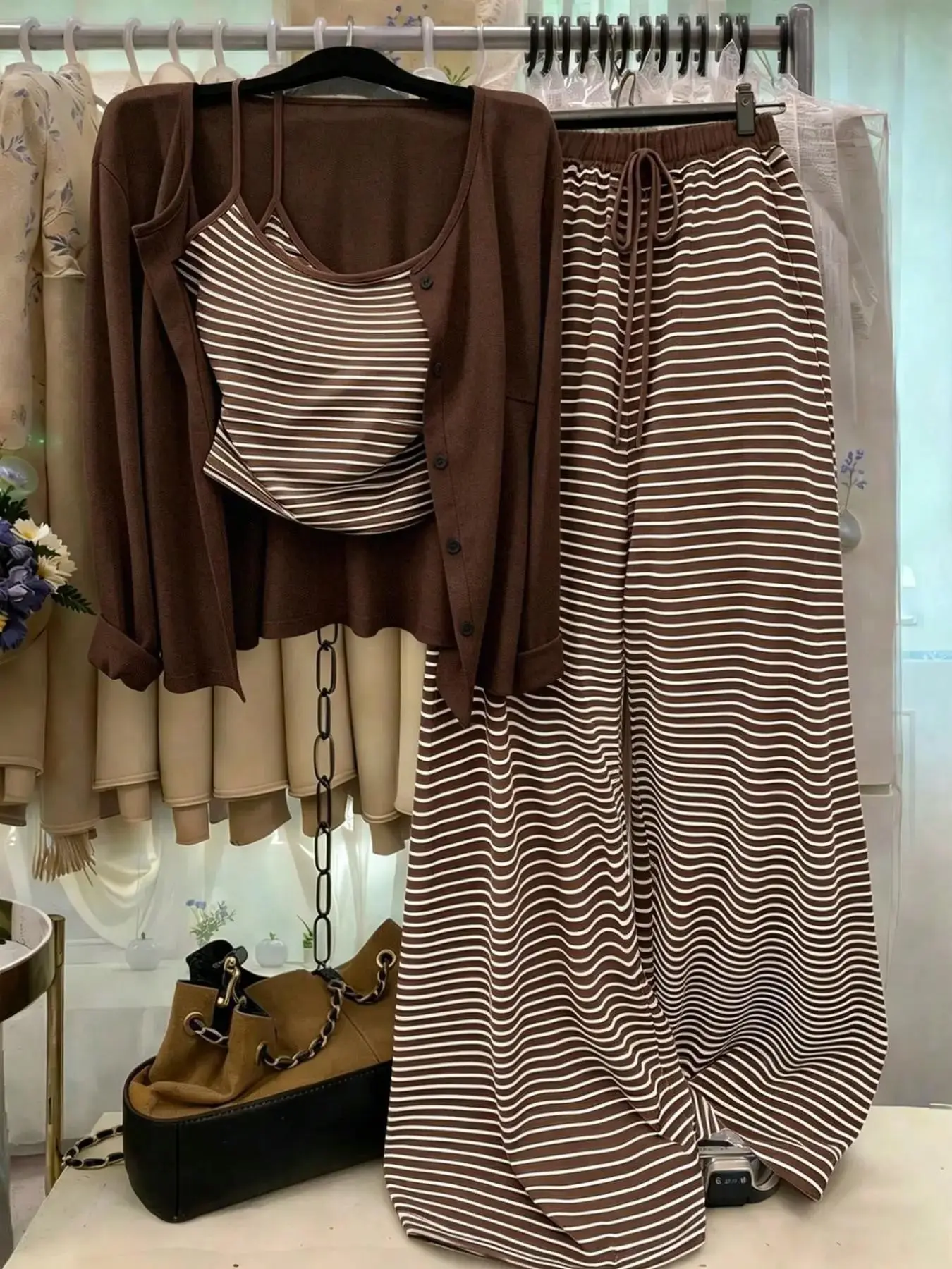 Women Knit 3 Piece Matching Sets, Elegant Casual Set, Solid Long Sleeve Open Cardigan, Striped Sleeveless Vest & High Rise Wide Leg Trousers, Slim Waist Casual Outfit for Spring & Fall, Commute, Daily Outings, Dates