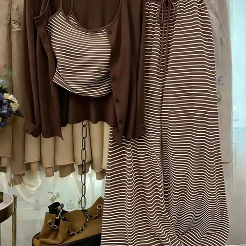 Women Knit 3 Piece Matching Sets, Casual Everyday Set, Solid Long Sleeve Open Cardigan, Striped Sleeveless Vest & High Rise Wide Leg Trousers, Slim Waist Casual Outfit for Spring & Fall, Perfect for Commute, Daily Outings, Dates, Parties