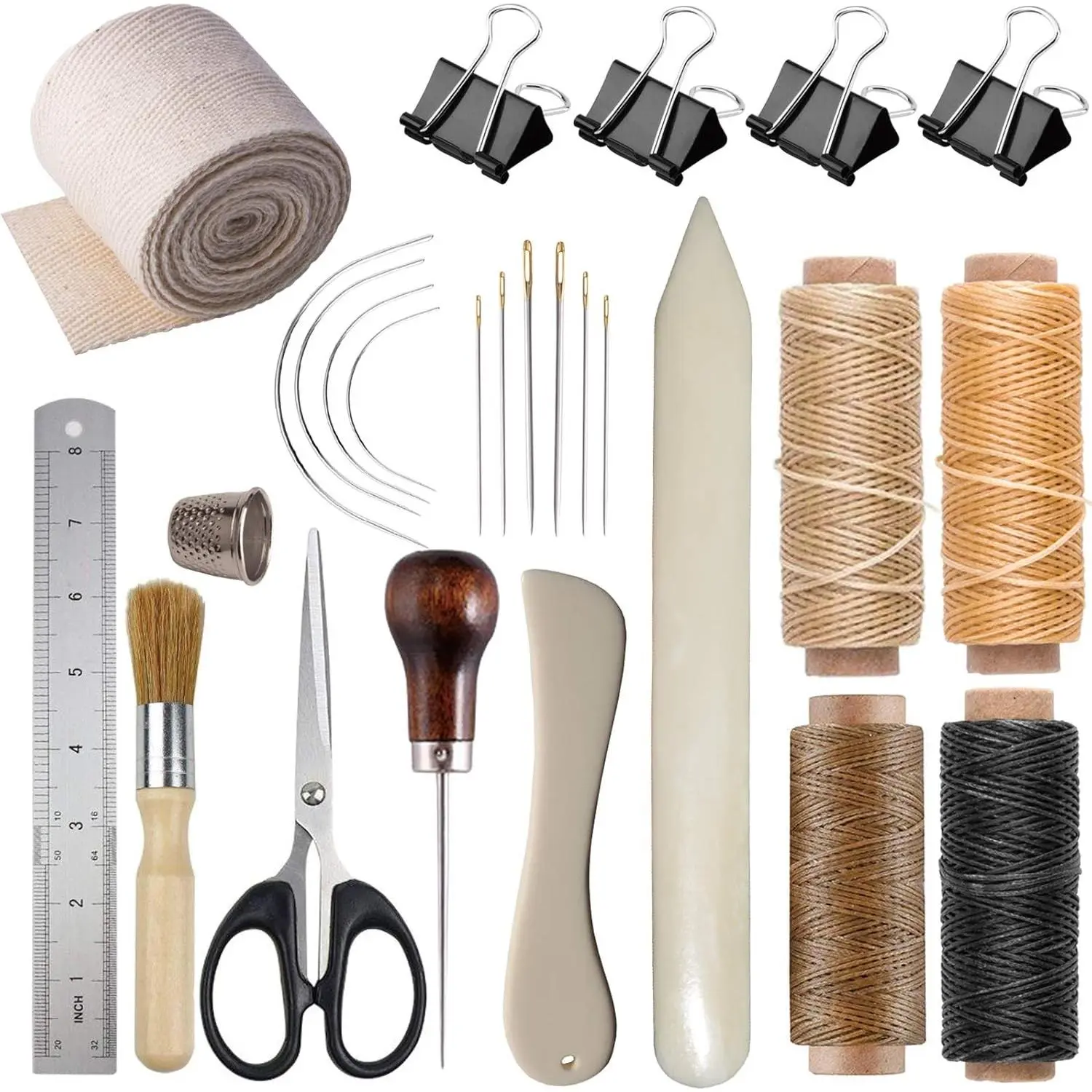 Complete Hand Book Binding Starter Tools Set, Bookbinding Supplies Kit with Genuine Bone Folders, Paper Awl, Large-Eye Needles, Waxed Thread, Binding Ribbon, Glue Brush, Steel Ruler