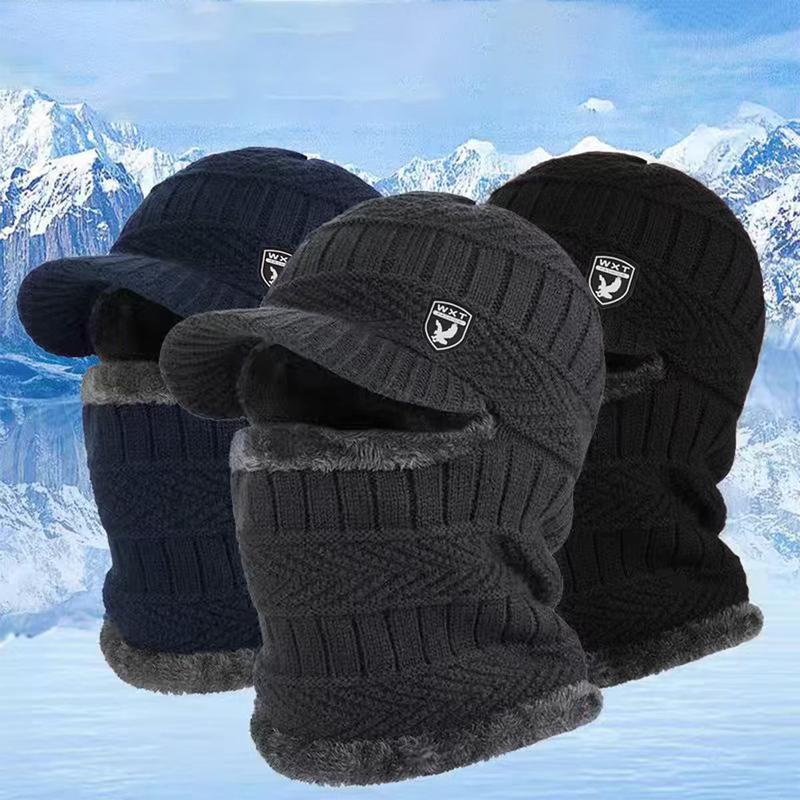 Men's winter hat with brim with scarf Balaclava hat outdoor cycling skiing cold and windproof piled thickened old man hat