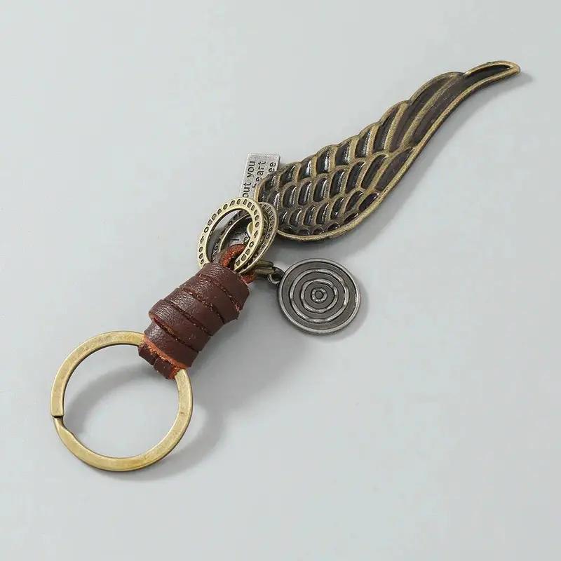 Vintage Angel Wing Keychain, Retro Leather Metal Wing Pendant Key Ring, Inspirational Quote Tag Key Accessory, 2 Colors Black Brown Optional