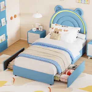 Garvee Twin Size Upholstered Platform Bed Frame with 2 Drawers, LED Light, and Bear Headboard, Low to Ground, Easy Assembly, Blue - Perfect for Children's Bedroom
