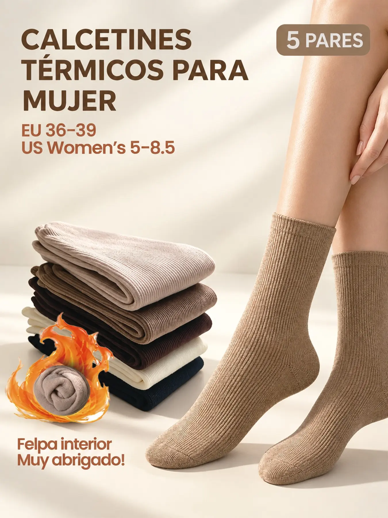 5 Pairs Women's Fall Winter Warm Socks, Soft Fuzzy Lining Mid-Calf Socks Set, Comfy & Basic, Plain Color Minimalist Style, Comfortable Casual Daily Wear