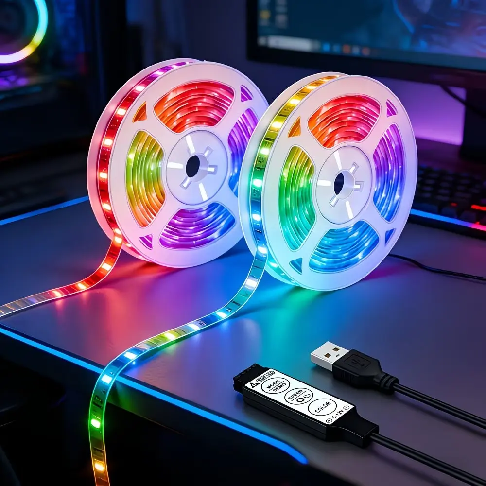 RGB LED Light Strip, Multi-Color USB LED Strip with Mini Controller, Ideal for Bedroom, Party, Home, TV Backlight, Christmas Decorations