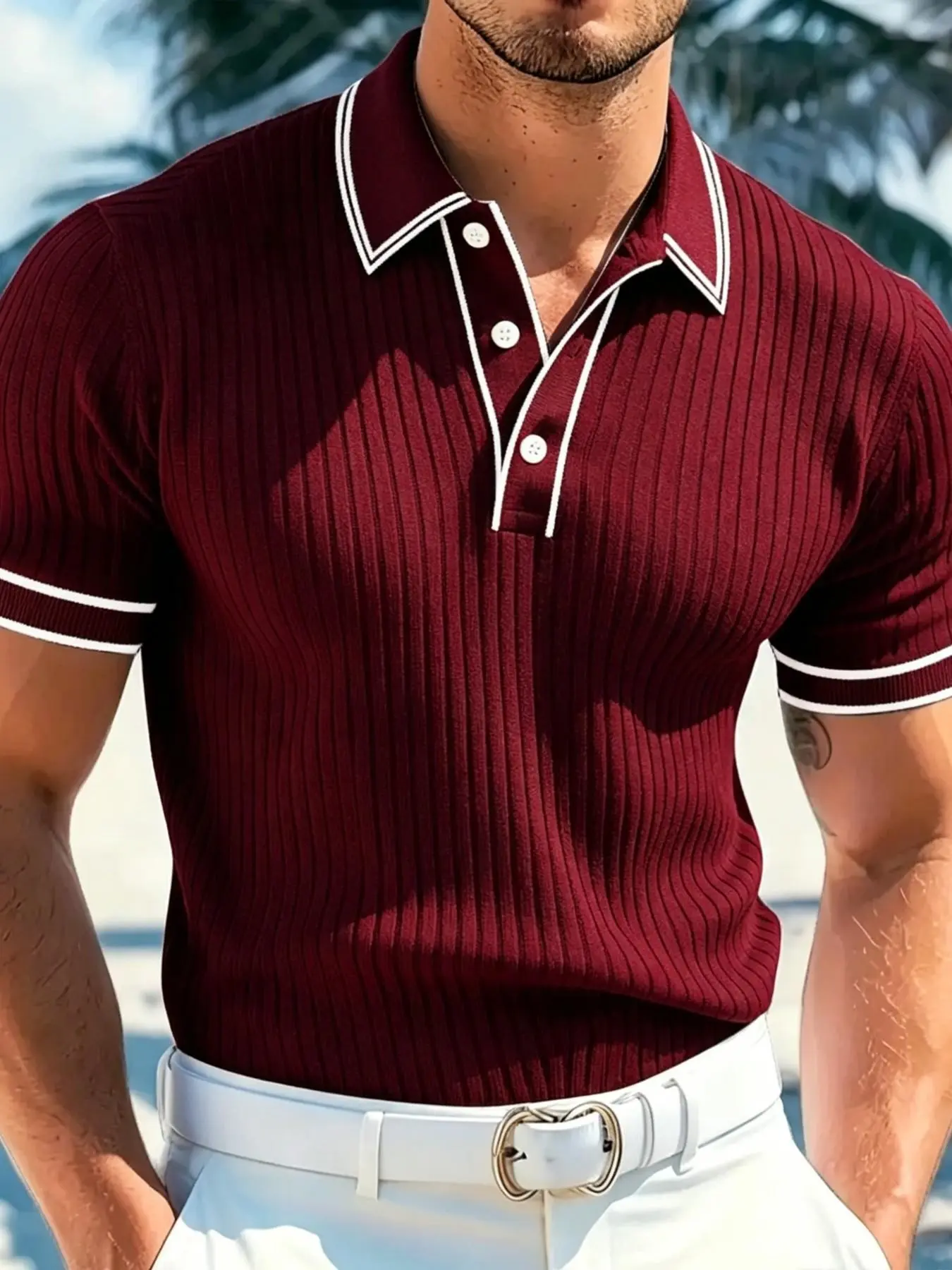 Men's Colorblock Striped Knit Short Sleeve Polo Shirt, Lightweight Luxury Casual, Breathable and Comfortable, Tropical, Perfect for Summer