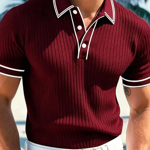 Men's Colorblock Striped Ribbed Knit Short-Sleeve Polo Shirt, Lightweight, Breathable, and Comfortable Tropical-Style Casual Top for Summer