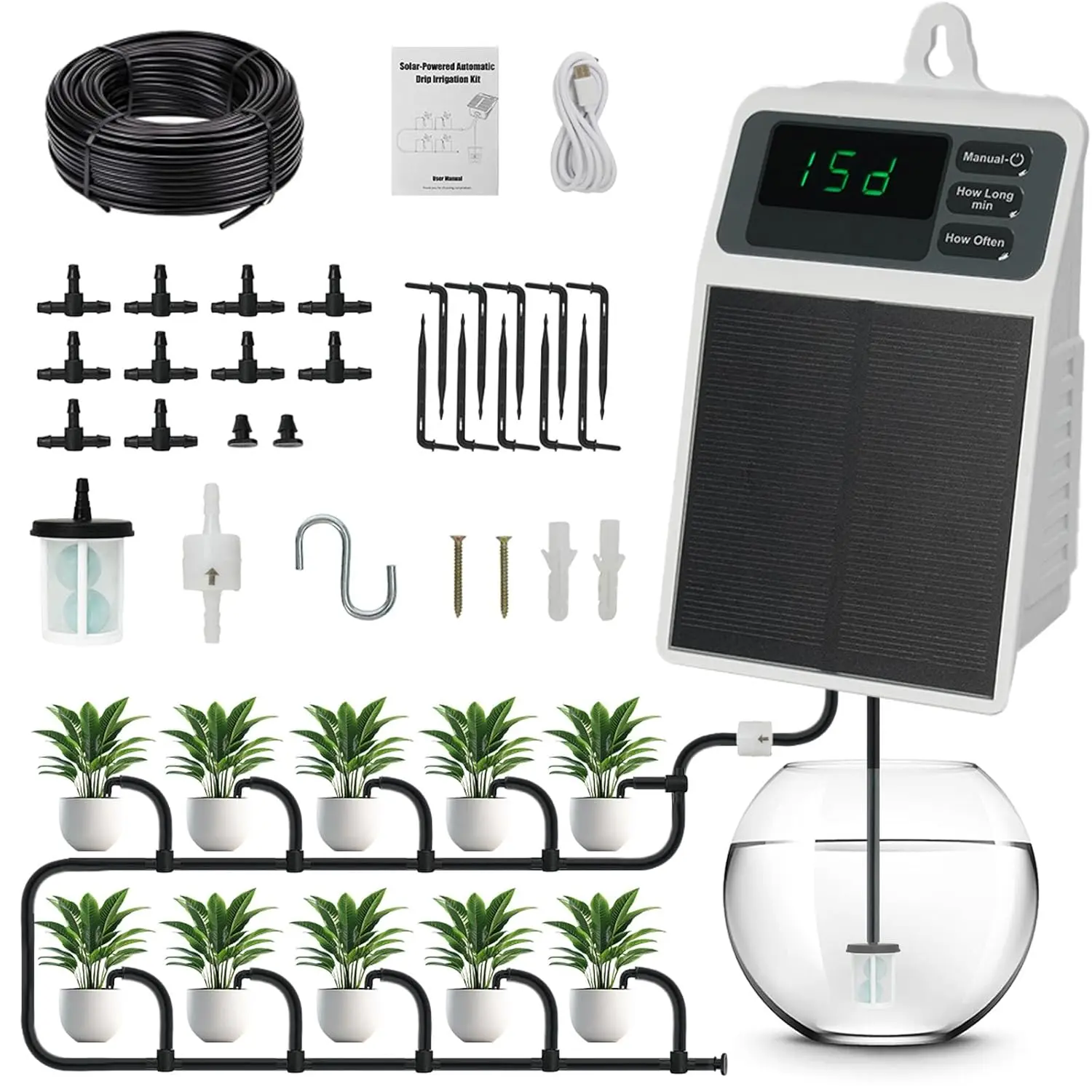 Automatic Solar Drip Irrigation System Kit with Anti-Siphoning for 10 Potted Plants - DIY Timed Watering for 15 Days, Waterproof Digital Display, Auto Plant Waterer for Outdoor Indoor Balcony Patio