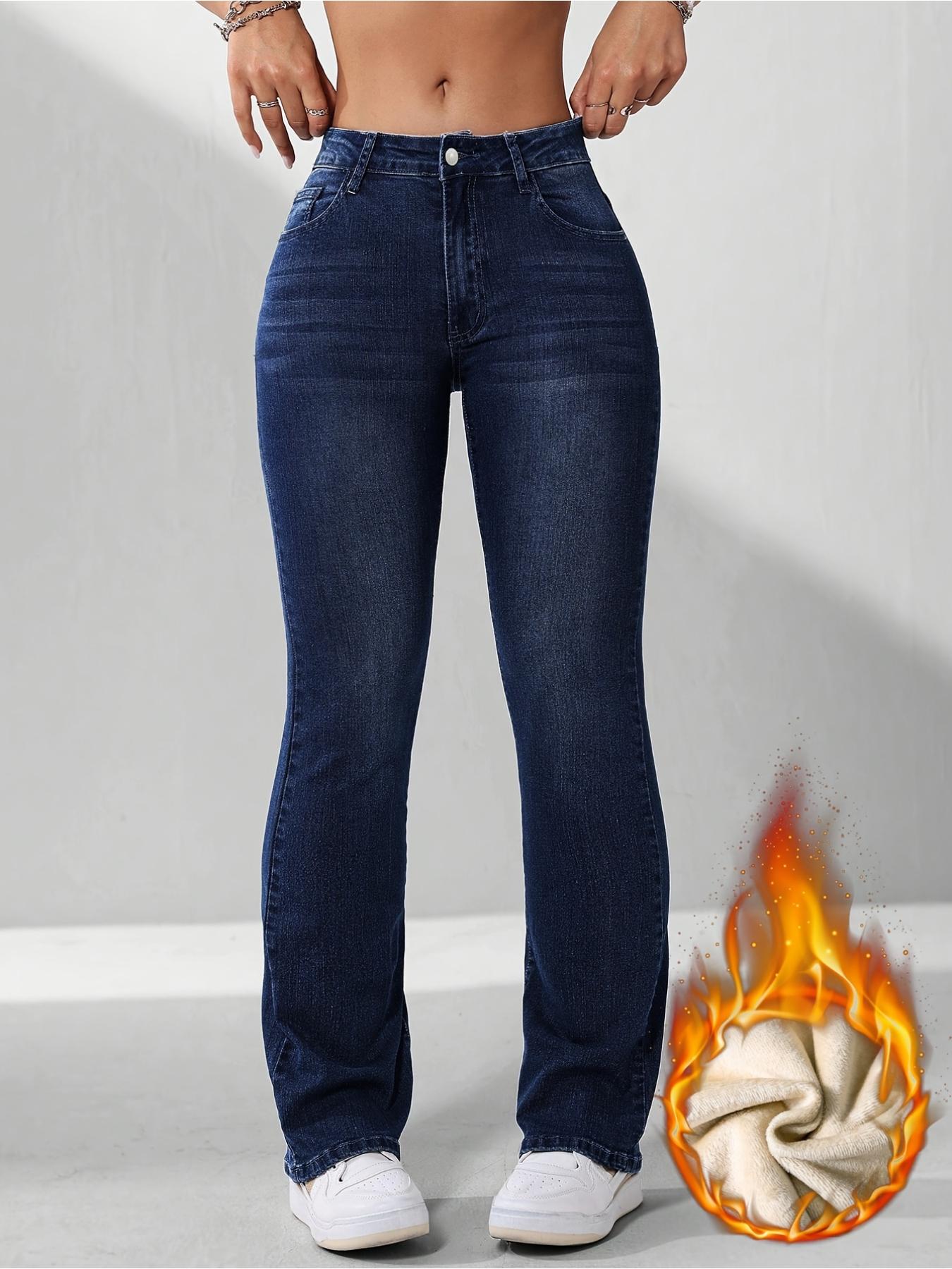 Women's Fall Winter Fleece Lined Woven Thick Warm Comfortable High Waist Skinny Jeans, Elegant Style, All Seasons Wear
