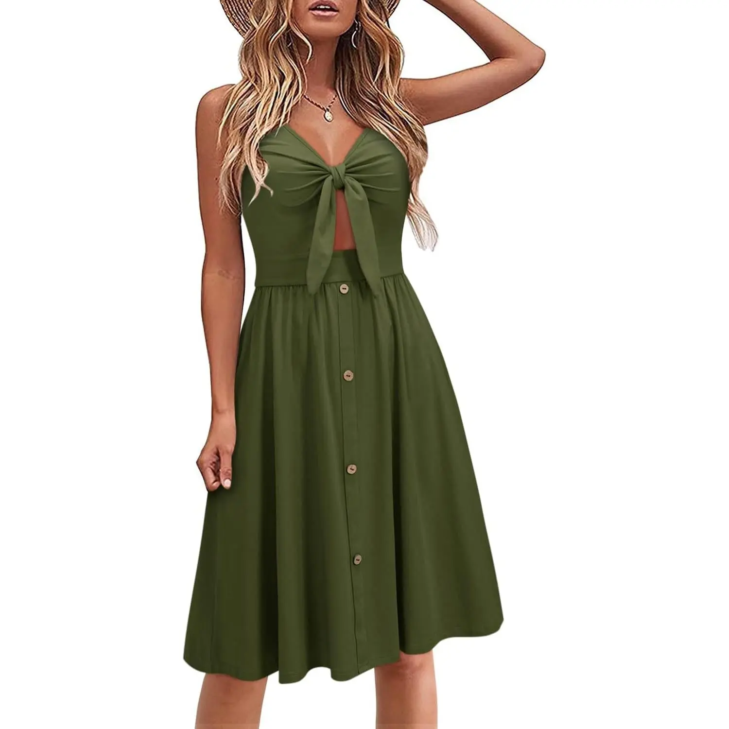 Women's Tropical V-Neck Sleeveless A-Line Knee-Length Sundress, Tropical Clothing for Summer Beach Vacation & Resort Casual Clothes