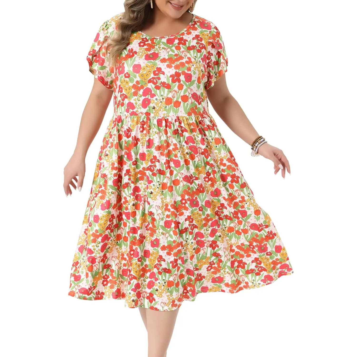 Agnes Orinda Women's Stretchy Gorgeous Tropical Plus Size Dress, Floral Print Crew Neck Tulip Short-Sleeve A-Line Flowy Midi Summer Casual Dress