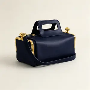 Women's Vintage Navy Blue Faux Leather Frame Handbag, Retro Kiss-Lock Box Satchel Purse with Hollow Top Handle & Detachable Crossbody Strap, Elegant Gold-Tone Hardware Doctor Bag for Work, Office, Dates, Parties and Formal Occasions
