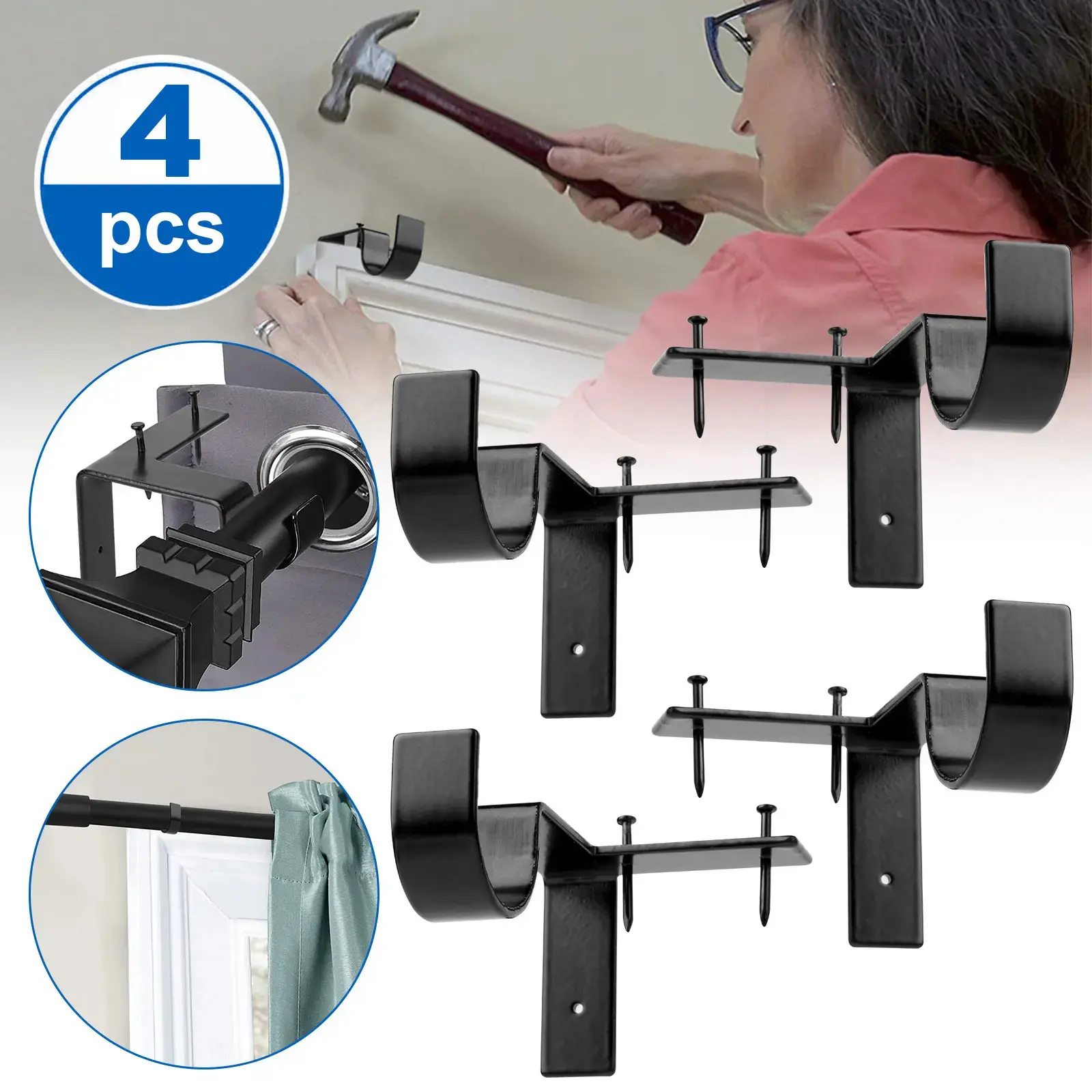 STREBITO 4Pcs No Drill Curtain Rod Brackets, Hole-Free Wall Mount Curtain Rod Holders with Matching Screws, Window Hardware for Bedroom Home Decor
