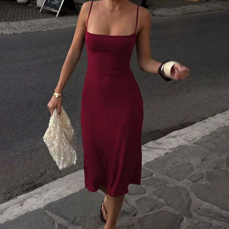 Women's Basic Solid Color Sleeveless Backless Spaghetti Straps Bodycon Slip Dress, Party Club Date Holiday Daily Casual Elegant Commuting Plain Midi Dresses For Ladies All Seasons Summer Fashion Clothes Wear