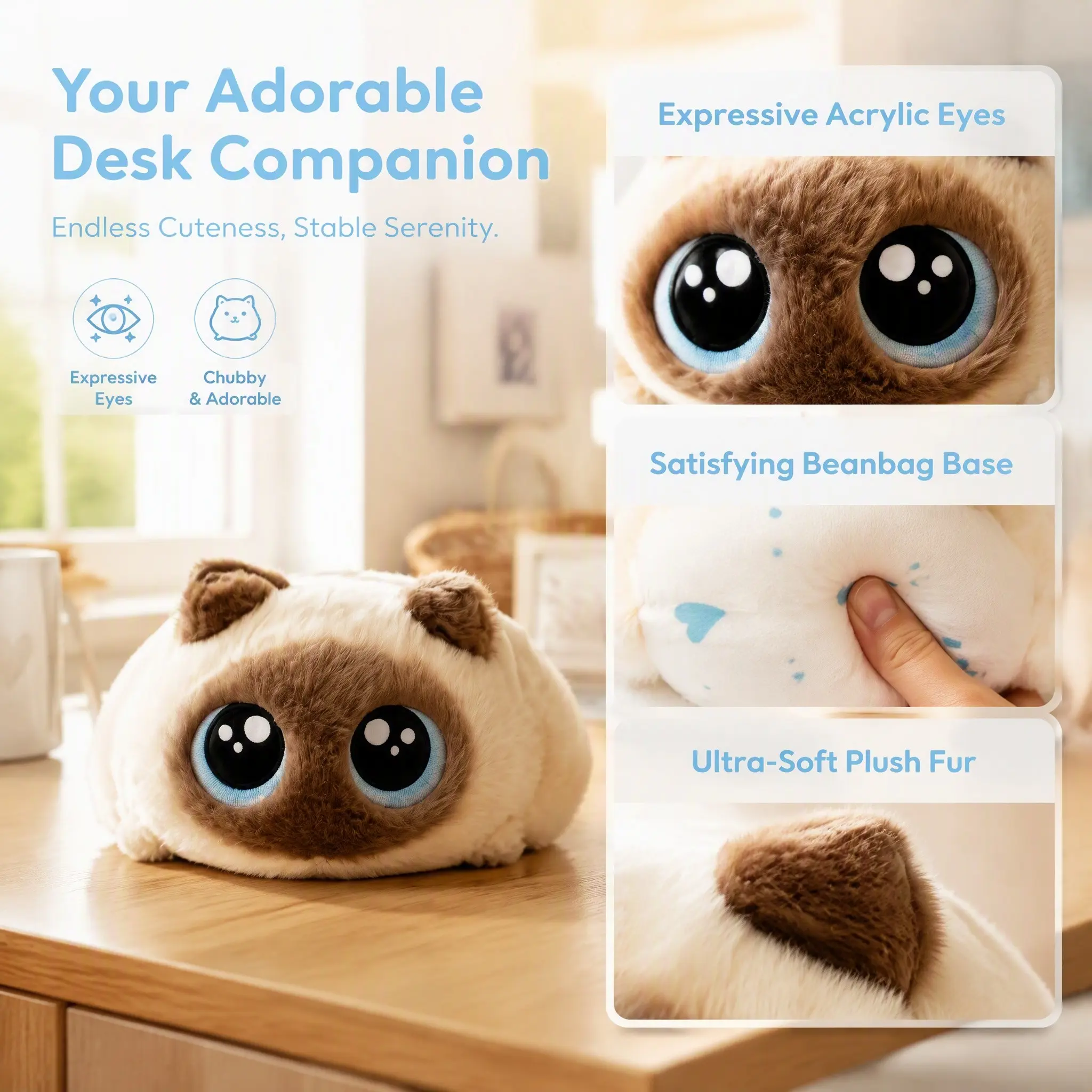 Cute Big-Eye Cat Plush Figure, Weighted Cat Bean Bag Stuffed Doll, Round Kitty Plush Toy, Collectible Cartoon Pet Character, Novelty Gift, Cute Stuffies