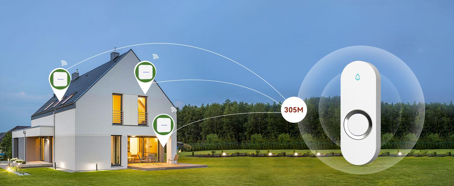 Lighted Wireless Doorbell for Home, Waterproof Battery Doorbell Wireless 1,000ft Range, 5 Volume Levels with 58 Chimes & LED Flash on Receiver (White, 2 Buttons & 1 Receiver)