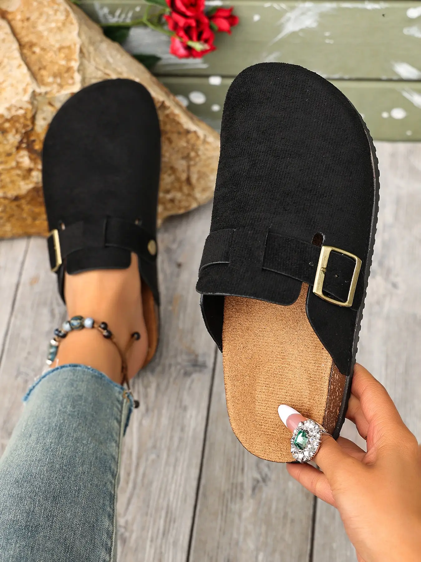 Elegant PU Leather Beken Half Sandals, Adjustable Metal Buckle, Breathable Cork Insole, Non-Slip Flat Design, Ideal for Daily Wear