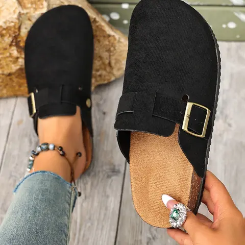 Elegant PU Leather Mule Slides, Adjustable Metal Buckle, Breathable Cork Insole, Non-Slip Flat Design, Ideal for Daily Wear, Mule Shoe