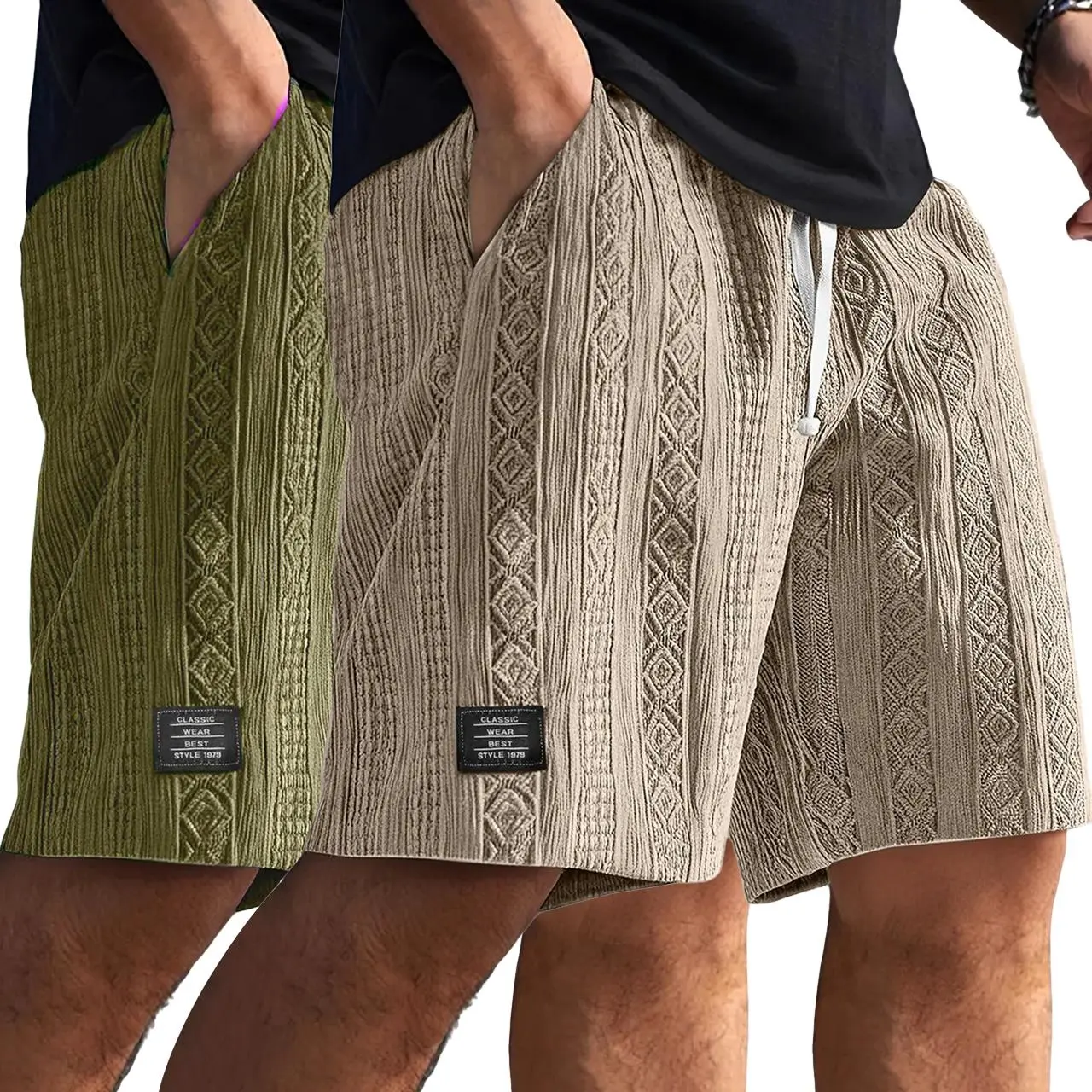 Men’s 2-Pack Army Green Casual Drawstring Shorts - Beach, Daily Leisure Wear, Elegant Menswear, Father’s Day Gift