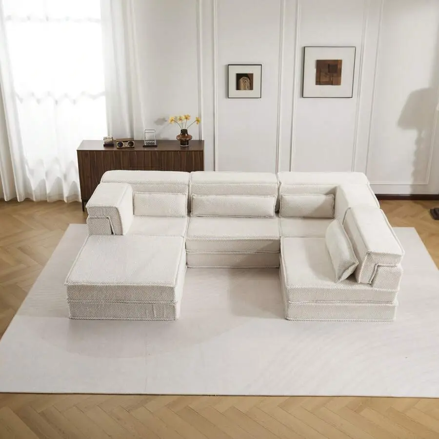 Compression Mahjong Sofa,Convertible Floor Sofa Bed,Boneless Modular Sectional Sofa,No Assembly Required,Circle Fleece,Oversized 4 Seater With 1 Ottoman