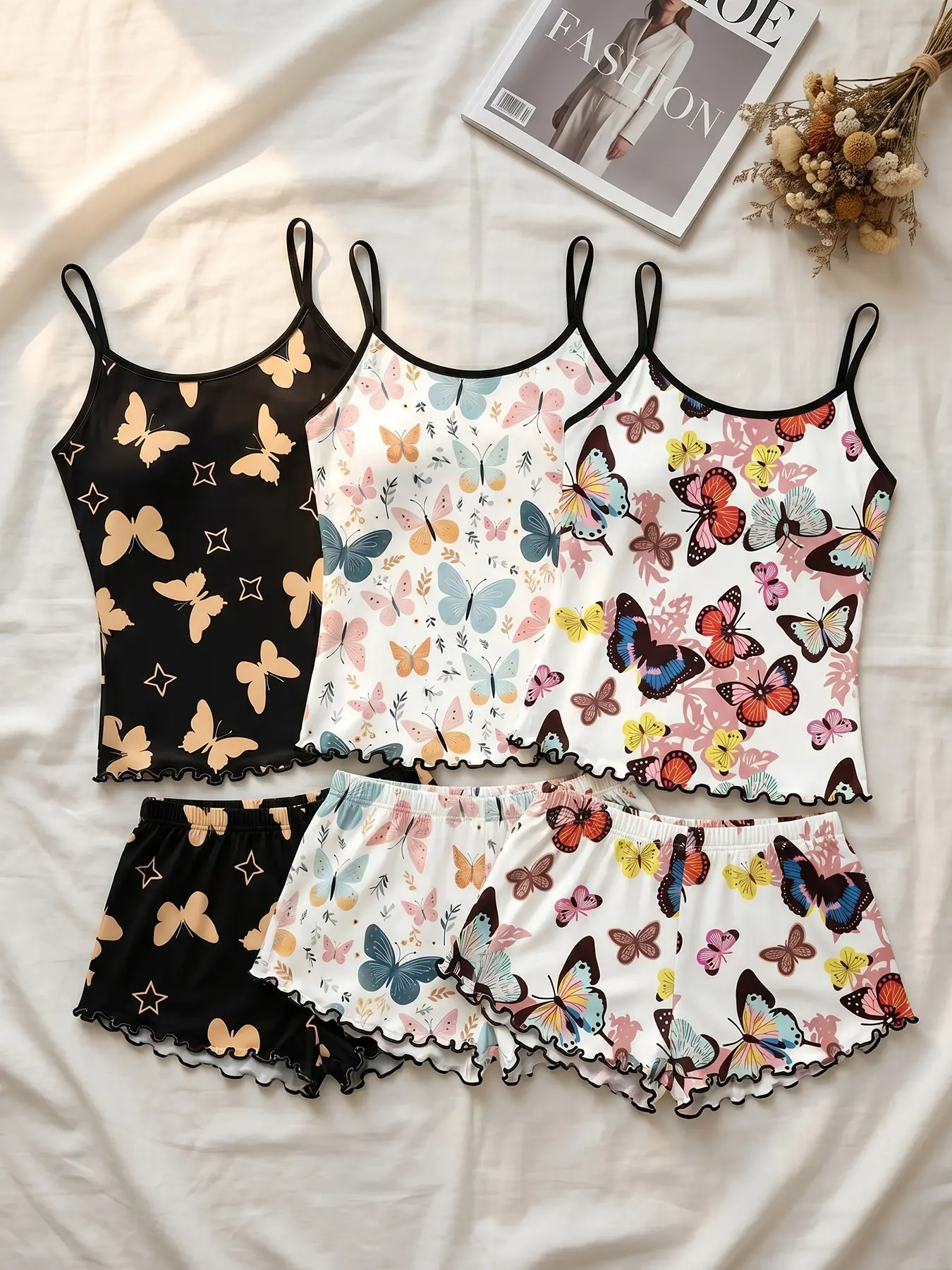Women 3‑Pack Cami Top And Shorts Pajama Set, Wearable For All Seasons, Dreamy butterfly print, ruffle hem shorts, ethereal loungewear for scent‑therapy relaxation and night‑time window viewing