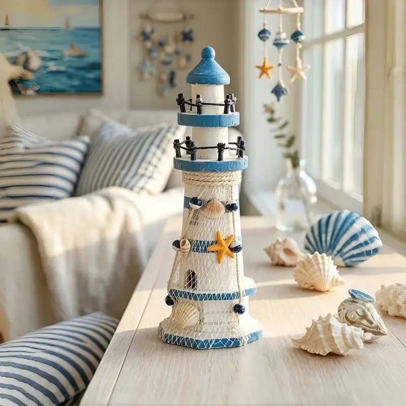 Nautical Wooden Mini Lighthouse, Creative Home Decor Gift, Blue Sailboat Ornament, Desk Decoration, Mediterranean Style, Holiday Gifts