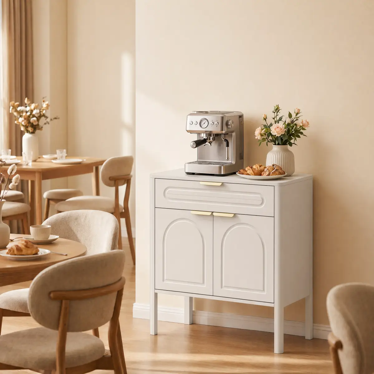 [Bellemave] Modern Arched Accent Storage Cabinet, Freestanding Sideboard Buffet with Drawer & Curved Gold Metal Handles, Smooth Rounded Edge Console Cabinet for Entryway, Living Room, Kitchen & Dining Room