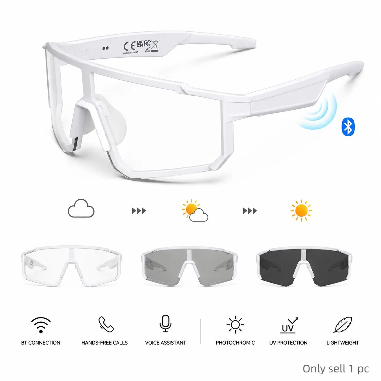 Bluetooth Photochromic Cycling Sunglasses, Open-Ear Smart Audio Glasses with Hands-Free Calling, Voice Assistant and UV400 Protection for Men Women Running and Outdoor Sports