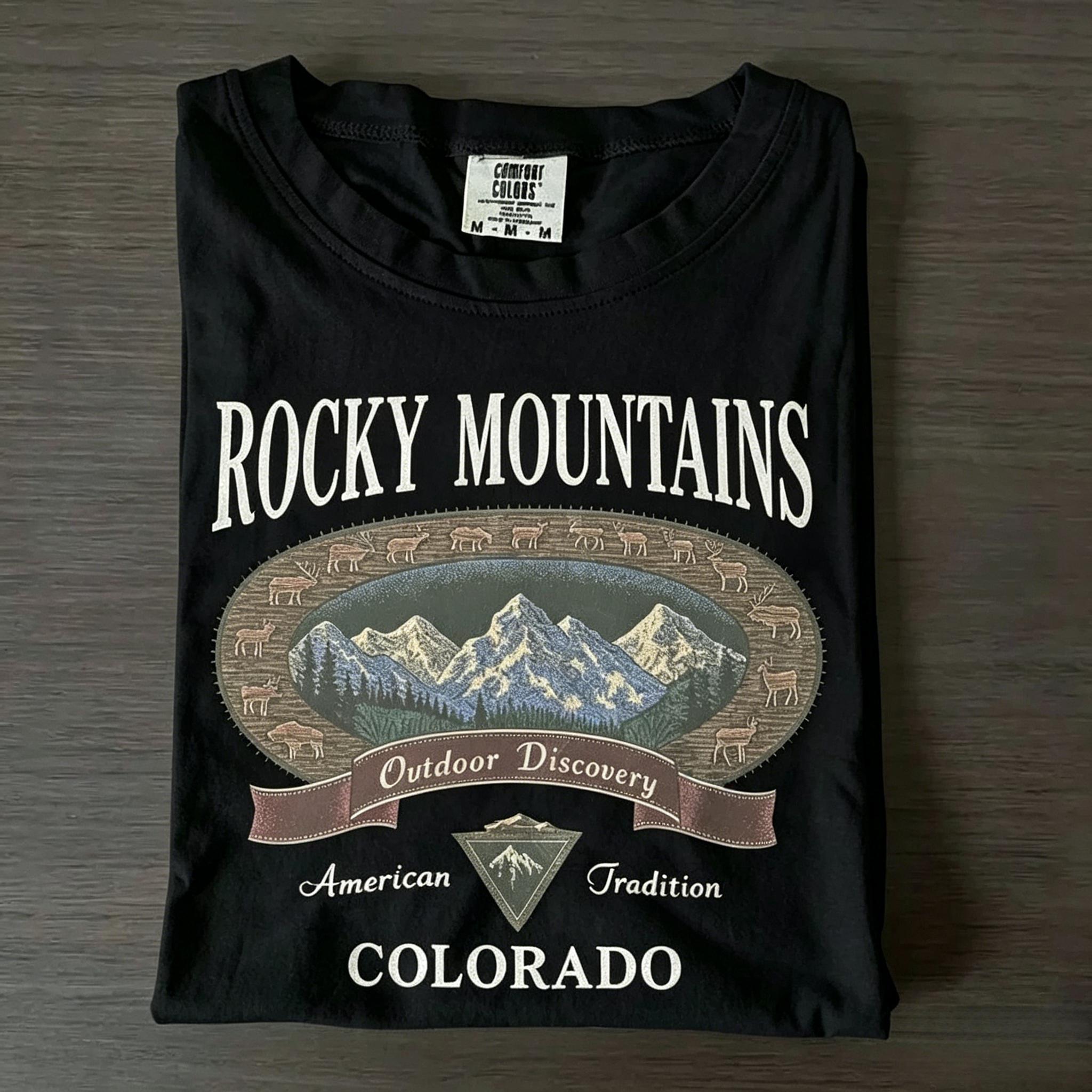 [100% cotton] Rocky Mountains Colorado Tee |   Vintage Outdoor Discovery Graphic T-Shirt |   90s Retro Mountain Hiking Top |   Nature Lover Gift |   Unisex Soft Cotton Casual Apparel |   Colorado Souvenir |   Scenic Wilderness Print Cargo Shortsleeve, Gra