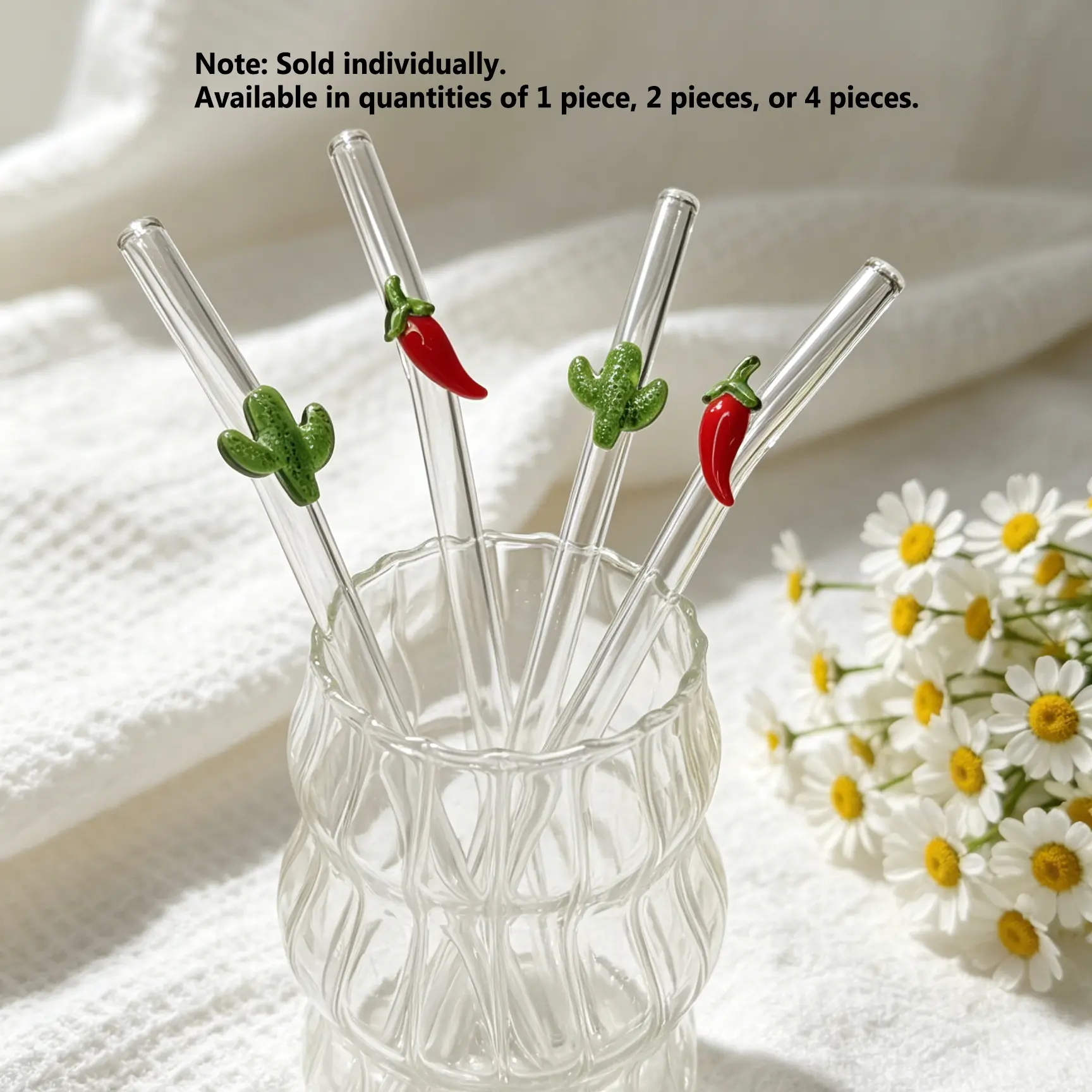 Cute Cactus Chili Glass Straw Set, Thick High Borosilicate Reusable Straws, Heat Resistant, for Cold Drinks, Parties, Festivals
