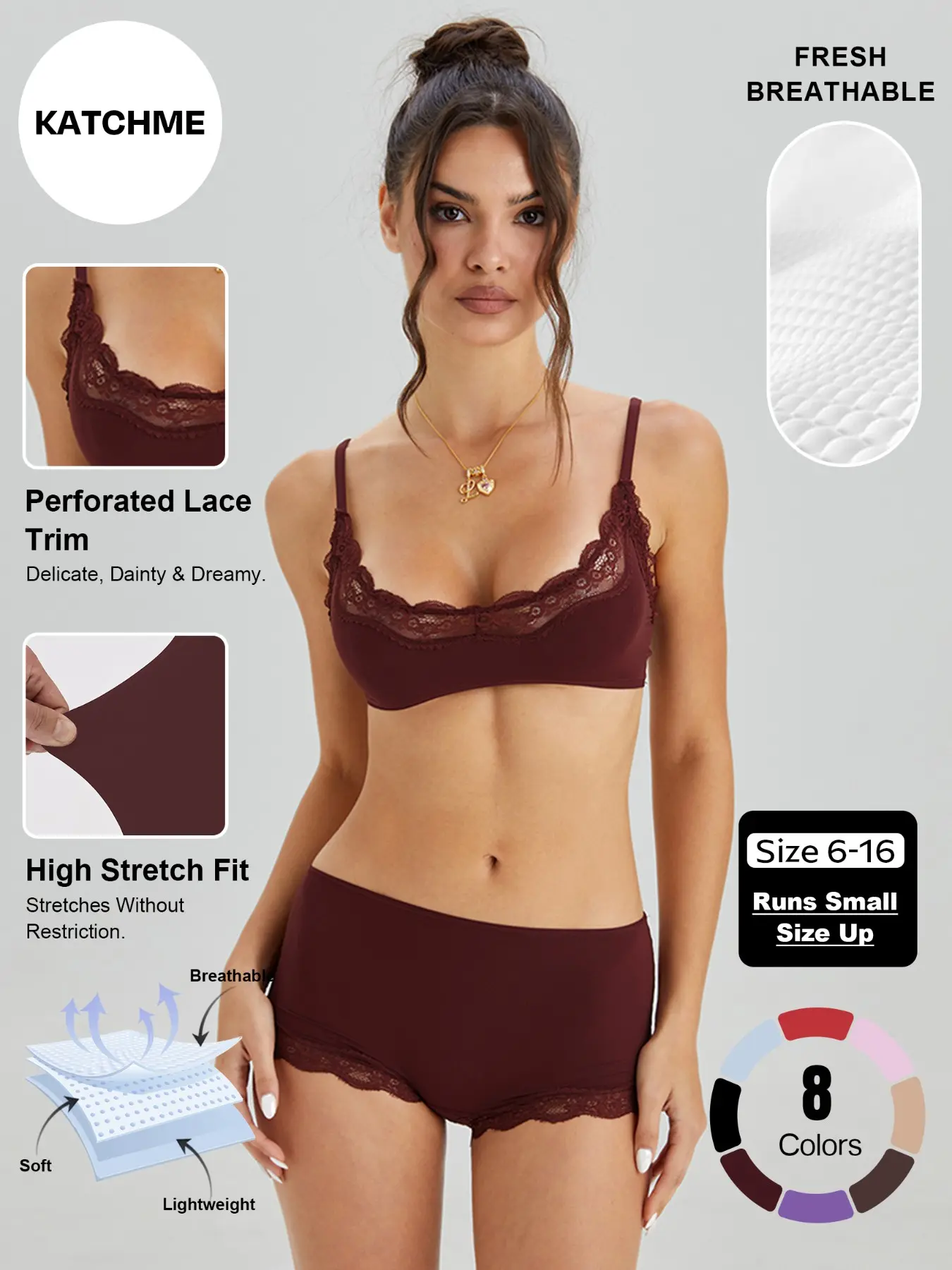 Women's Versatile Feminine Lace Trim Spaghetti Thin Strap Bra & Low Rise Panties Co-ord, Solid Color Slightly Sheer Lingerie & Underwear Set, Seamless Sweat-Wicking Stretch Daily Outfits #TikTokMadeMeBuyIt #MatchingSet #Bralette