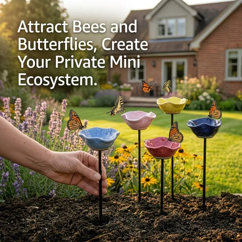 A five-piece handmade ceramic butterfly feeder set for outdoor/indoor sugar water feeding, balcony pollinating insect feeder, ceramic sugar water feeder designed for bee and butterfly habitats;