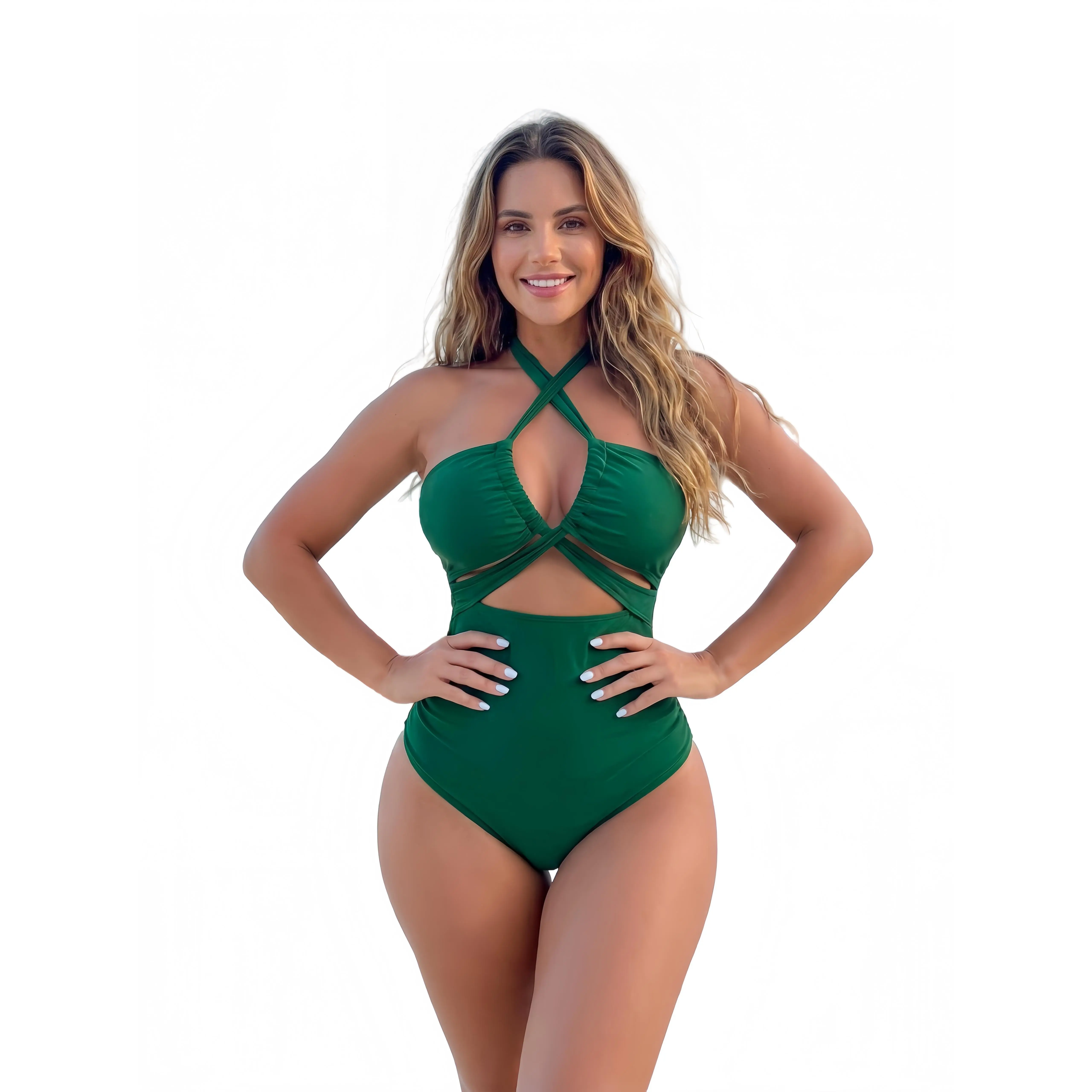 Women Viral Solid Dark Green Crisscross Halter Cutout One Piece Swimsuit, Stylish Bust Gathered Tummy Control Slim Bathing Suit For Beach Vacation