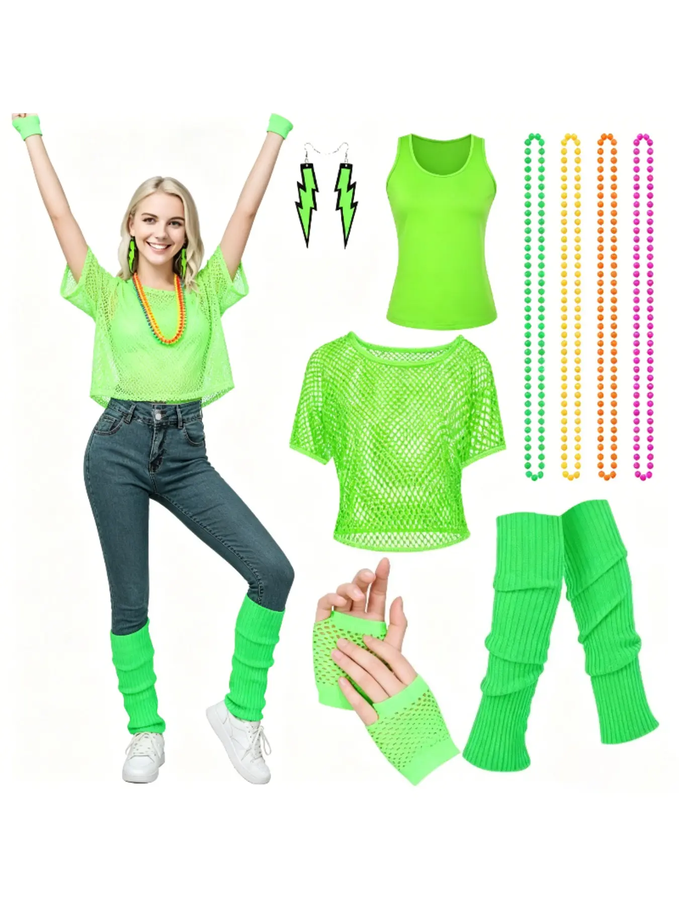 Festival Celebration Ladies Stage Performance Set 1980s Mesh Foot Covers Vest Earrings Gloves Set Music Festival Vintage Dress Up Loose