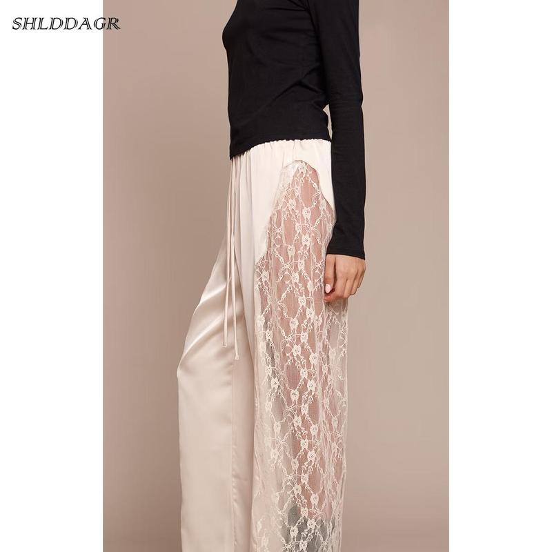 Women's Stylish and Elegant Satin Lace Wide-Leg Pants - High-Waisted Drawstring Loose Flowy Casual Party Dress Pants with Side Lace Trim (Ivory/Brown/Olive Green)