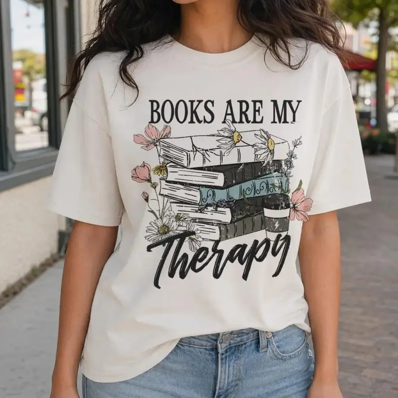 Women’s "Books Are My Therapy" Floral Book Graphic Sports Top, Casual Reading Tee for Everyday Vibe - Pair with Leggings or Denim