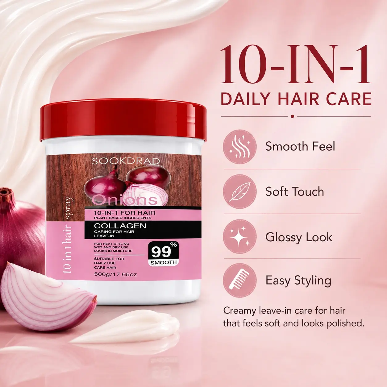 10-In-1 Hair Leave-In, Onion Collagen, Plant-Based Ingredients, Smooth Hair, Lock In Moisture, For Heat Styling, Wet And Dry Use, Daily Hair Care, 500g/17.65oz