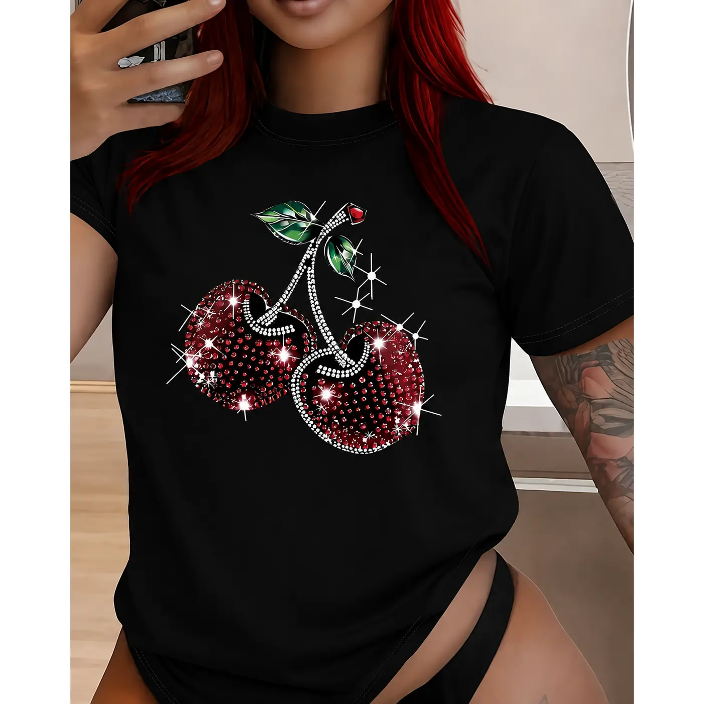 Cotton Women's Round Neck Short Sleeve T-Shirt, Sparkly Rhinestone Cherry Glitter Star Graphic Casual Tee, Y2K Cute Bling Fruit Soft Breathable Summer Daily Wear Top Gift, Non-Washed Fabric