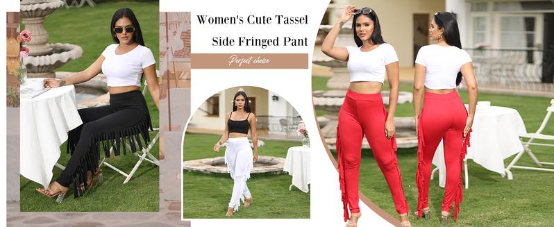 Women's Casual High Waist Fringed Pants With Elastic Waist - Bodycon Tassels Side Long Jogger Sweatpant Womenswear  Minimalist Skinny Highwaist Bottom