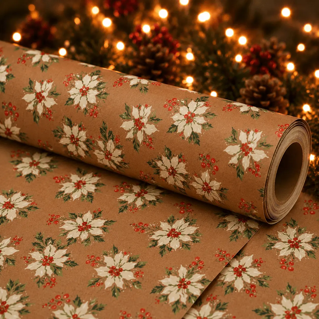 1 Roll Christmas Gift Wrapping Paper, Red and White Flowers, Brown Wrapping Paper, Suitable for Christmas Gift Wrapping, Winter Gift Packaging, Handmade Gift Wrapping, Christmas Gifts, Christmas Gift Box Wrapping, Party Decorations and DIY Crafts