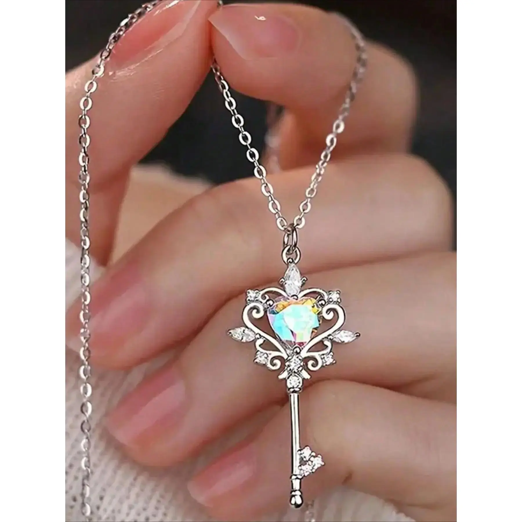 1Pc Key Pendant Necklace with Heart Opal - Perfect for Daily Wear and Gifting - April Birthstone - Synthetic Zircon - Valentine's Day Gift Charm Necklace Gemstone Necklace Jewelry Necklace Love Necklace