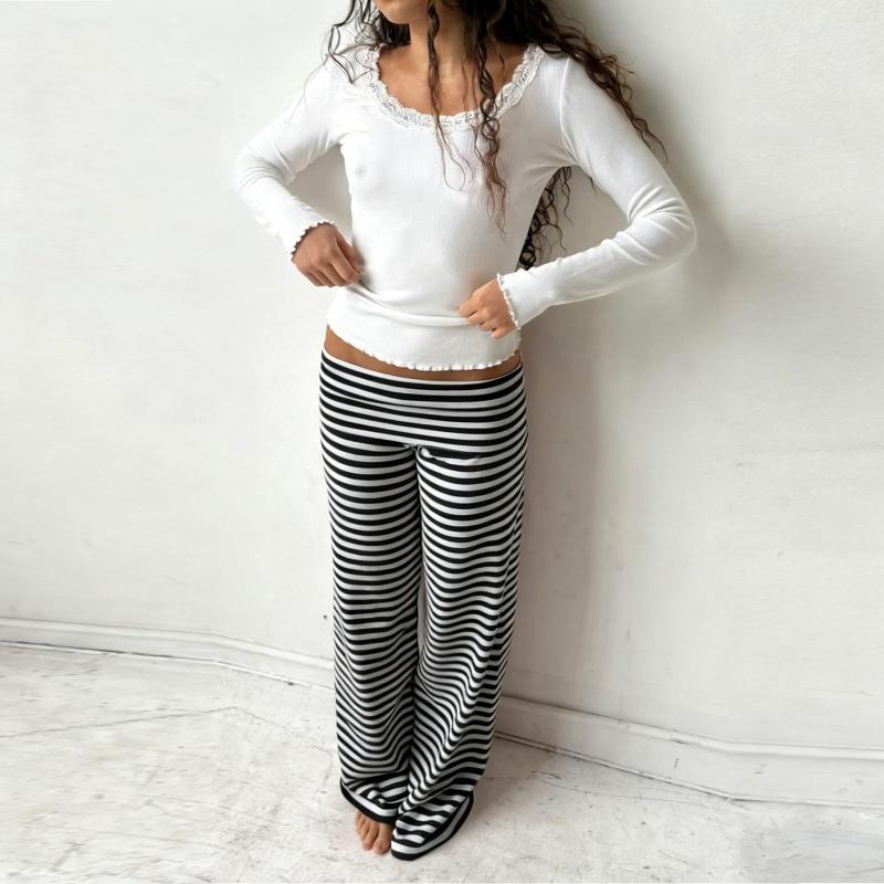 Womens Casual Pajama Pants Striped Low Waisted Lounge Pants Elastic Waist Drawstring Long Trousers