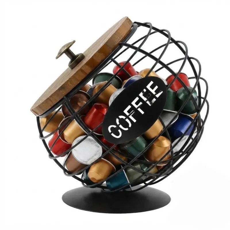 Unique Pod Basket with Wooden Lid, Iron Coffee Capsule Holder, Slanted Design for Home, Bar, and Cafe Display